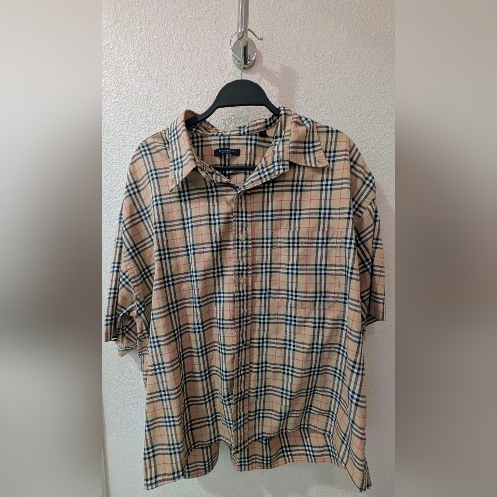 Burberry Beige and Black Checkered Button Down Short Sleeve Oversized XXL